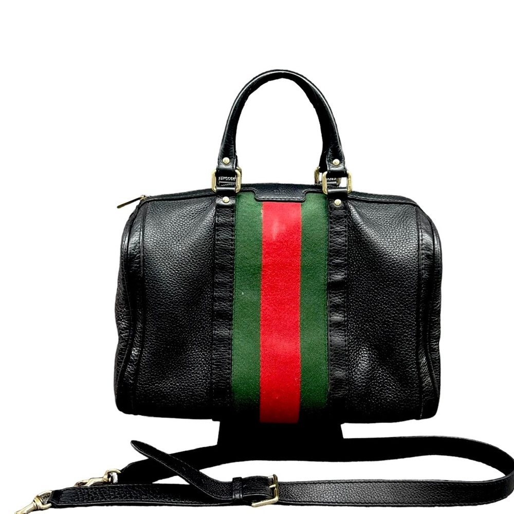 Gucci Medium Black Leather Boston Bag with Strap